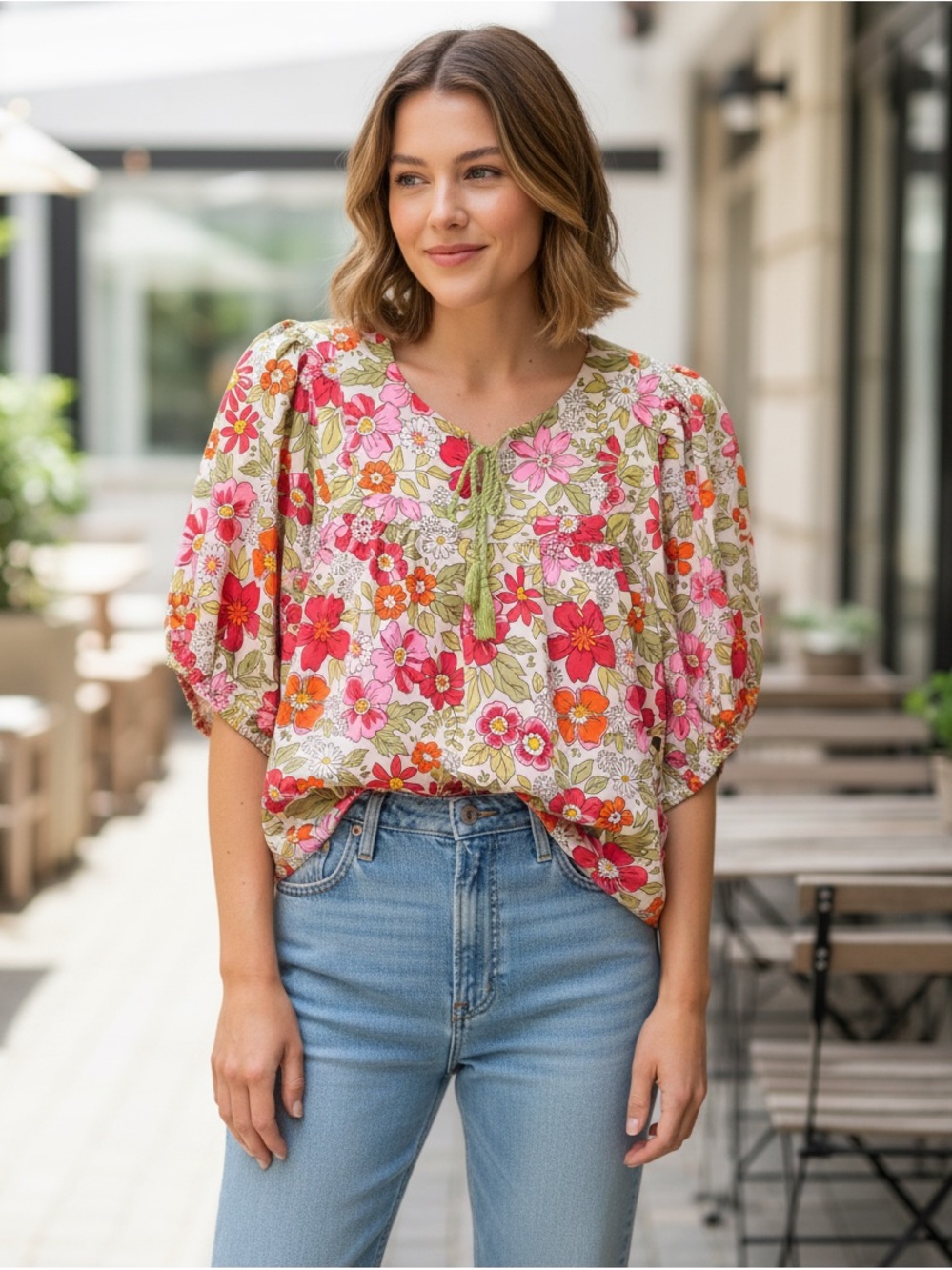 Michelle McDowell Women’s Floral Tie-Neck Peasant Blouse, size medium